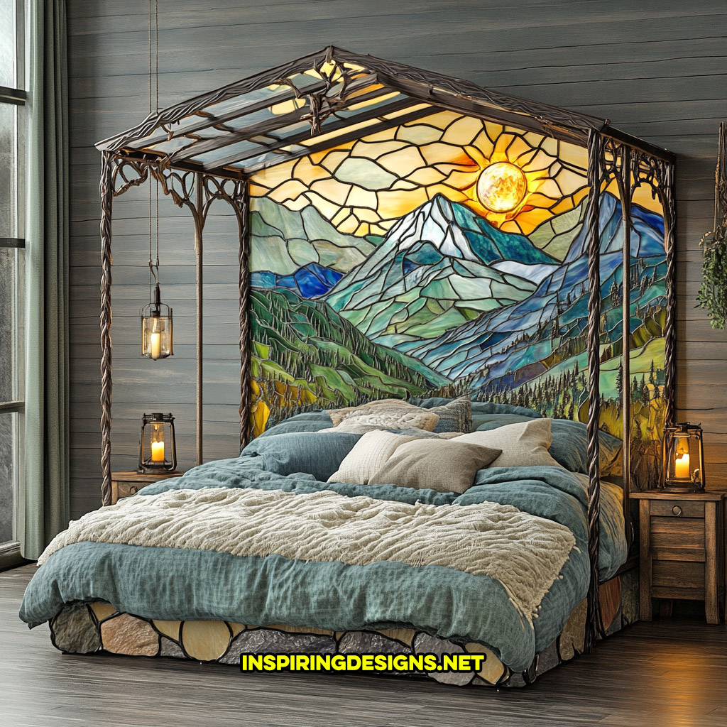 canopy style stained glass bed in a mountain range design