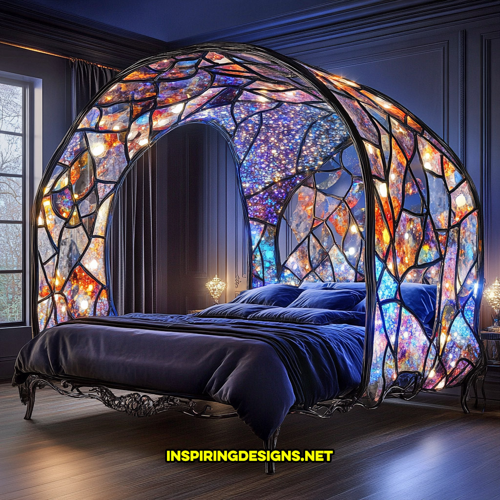 canopy style stained glass bed in a colorful mosaic design