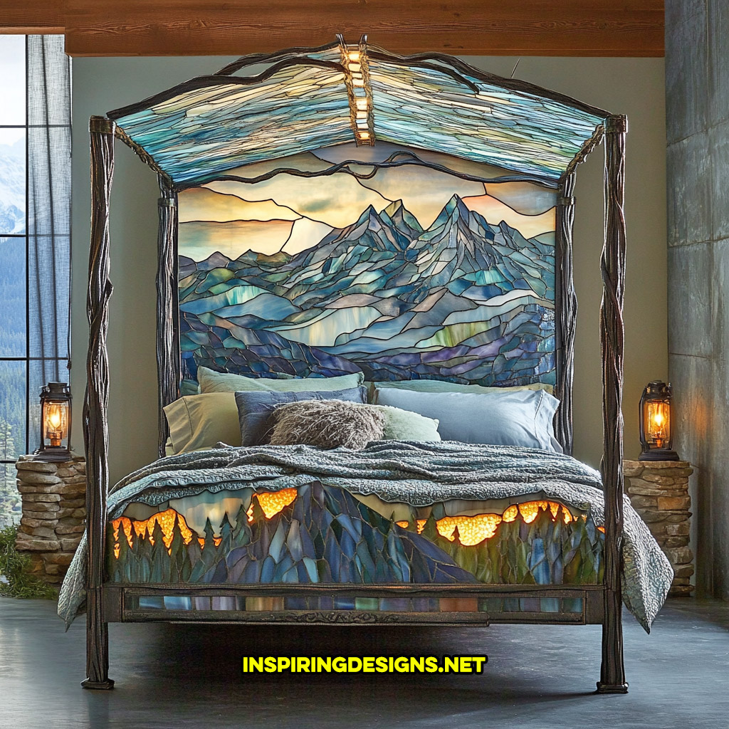 canopy style stained glass bed in a mountain range design