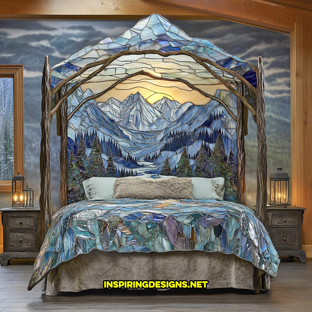 canopy style stained glass bed in a mountain range design