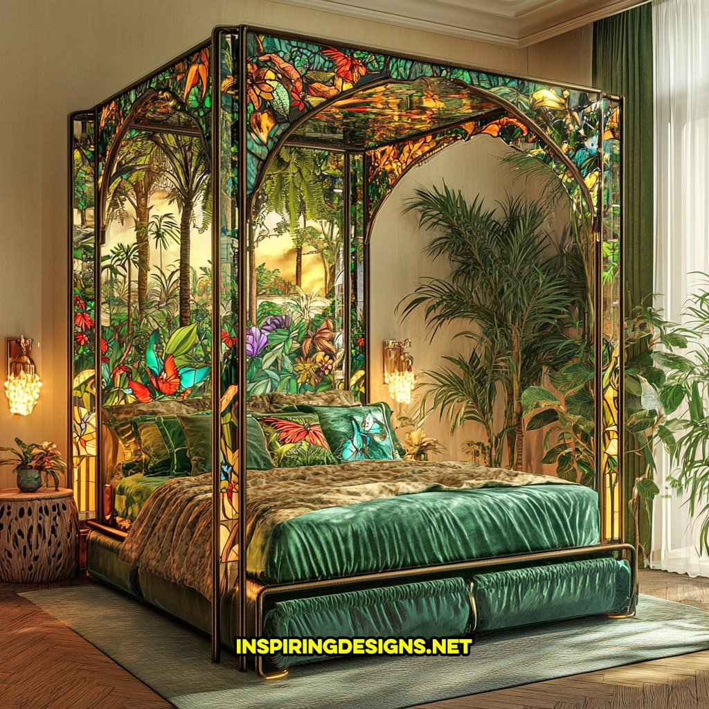 canopy style stained glass bed in a green jungle design