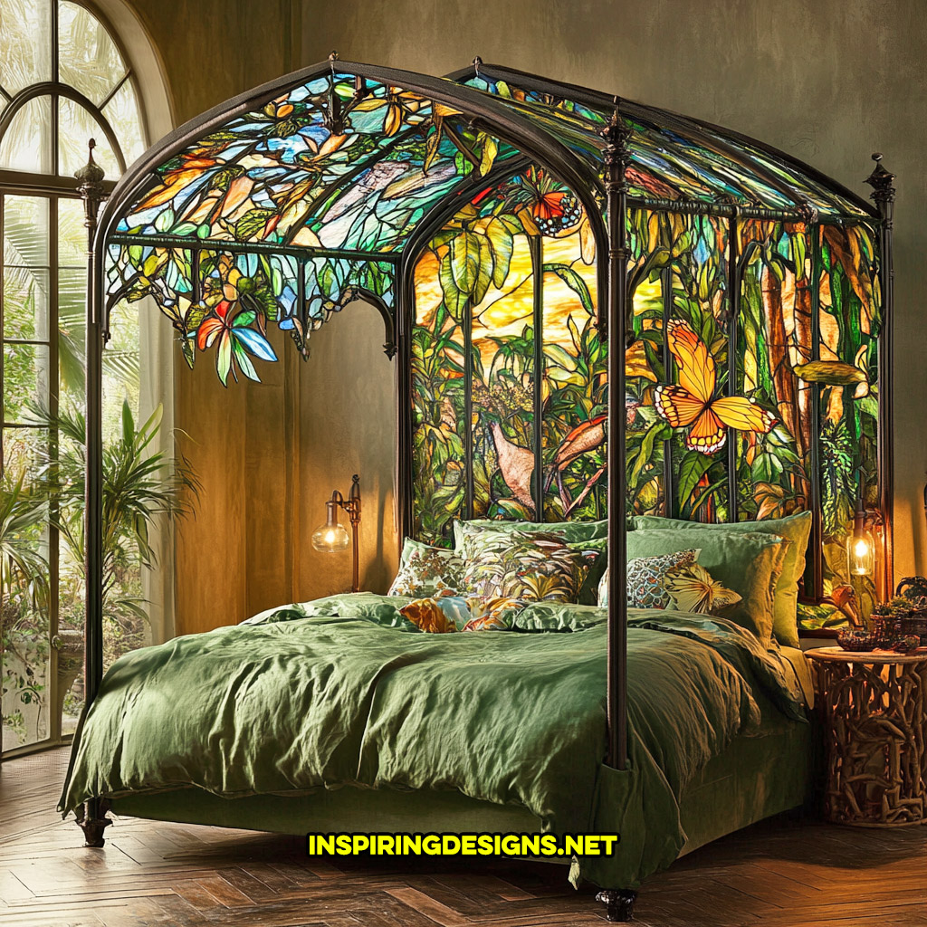 canopy style stained glass bed in a green jungle design