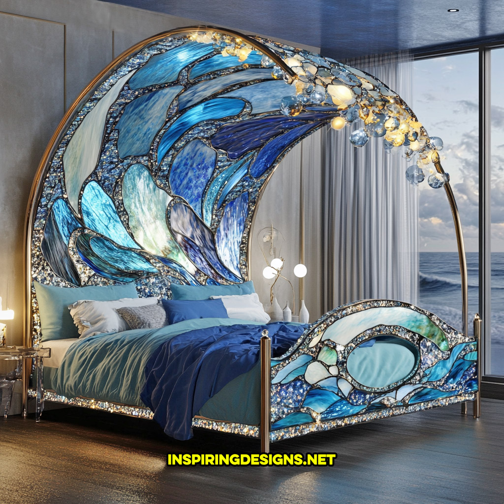 canopy style stained glass bed in an ocean wave design