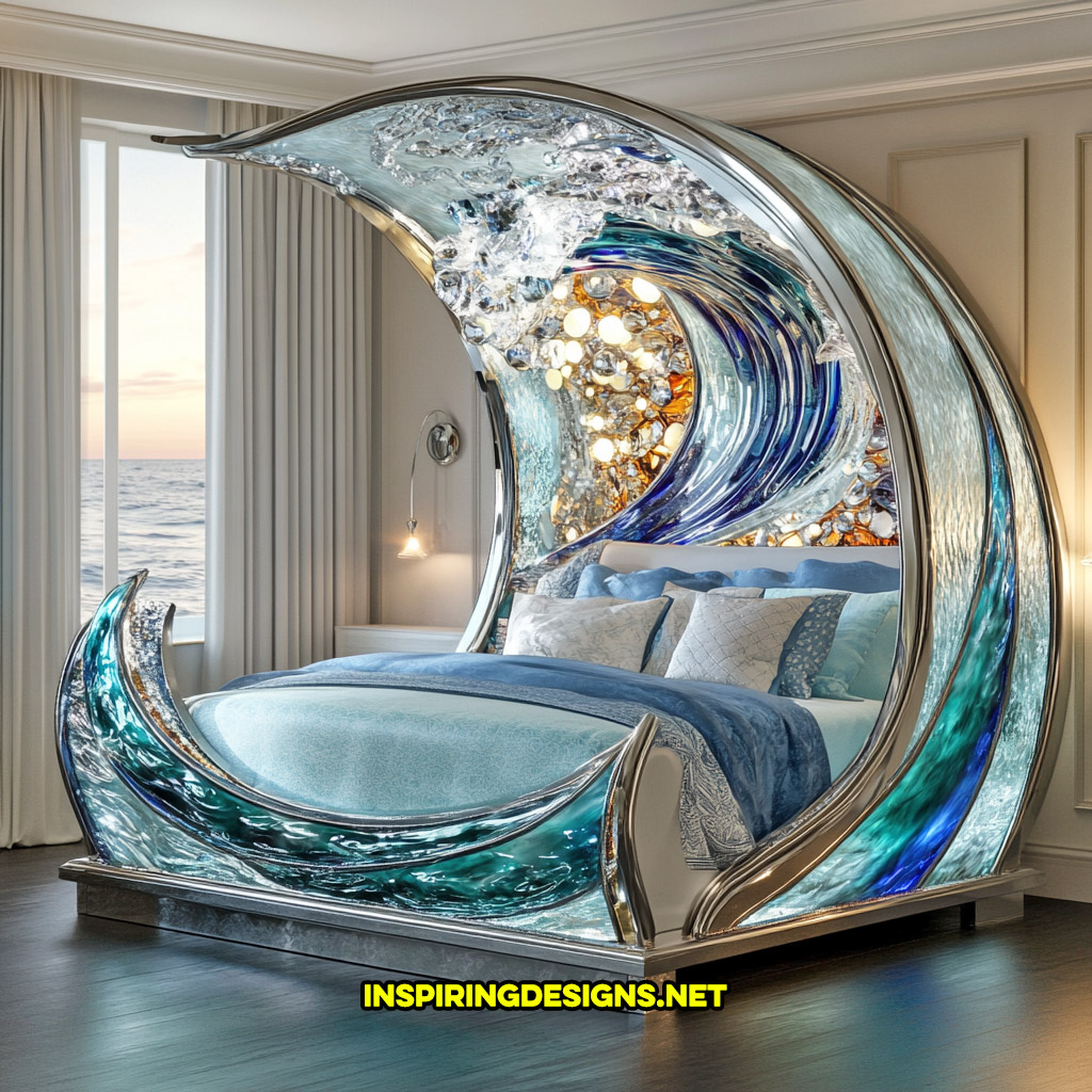 canopy style stained glass bed in a ocean wave design