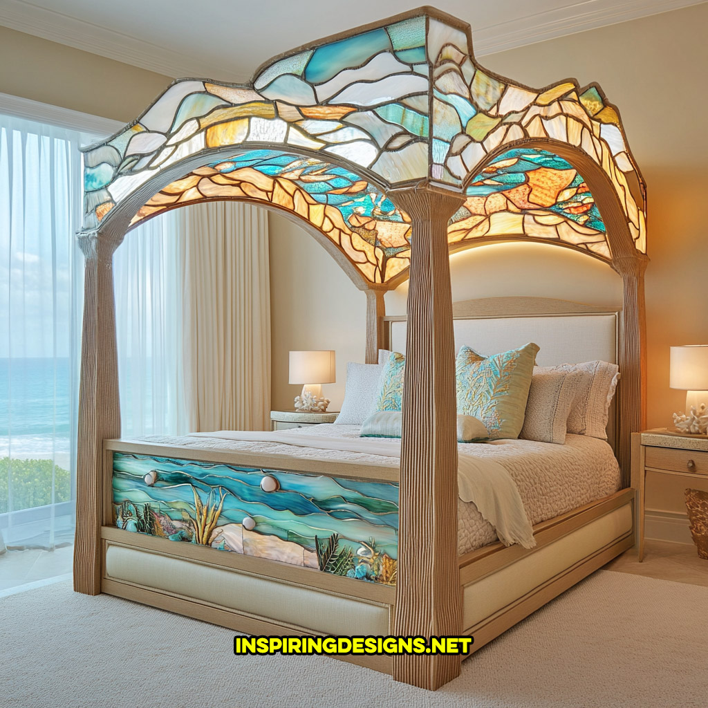 canopy style stained glass bed in a abstract mosaic beach design