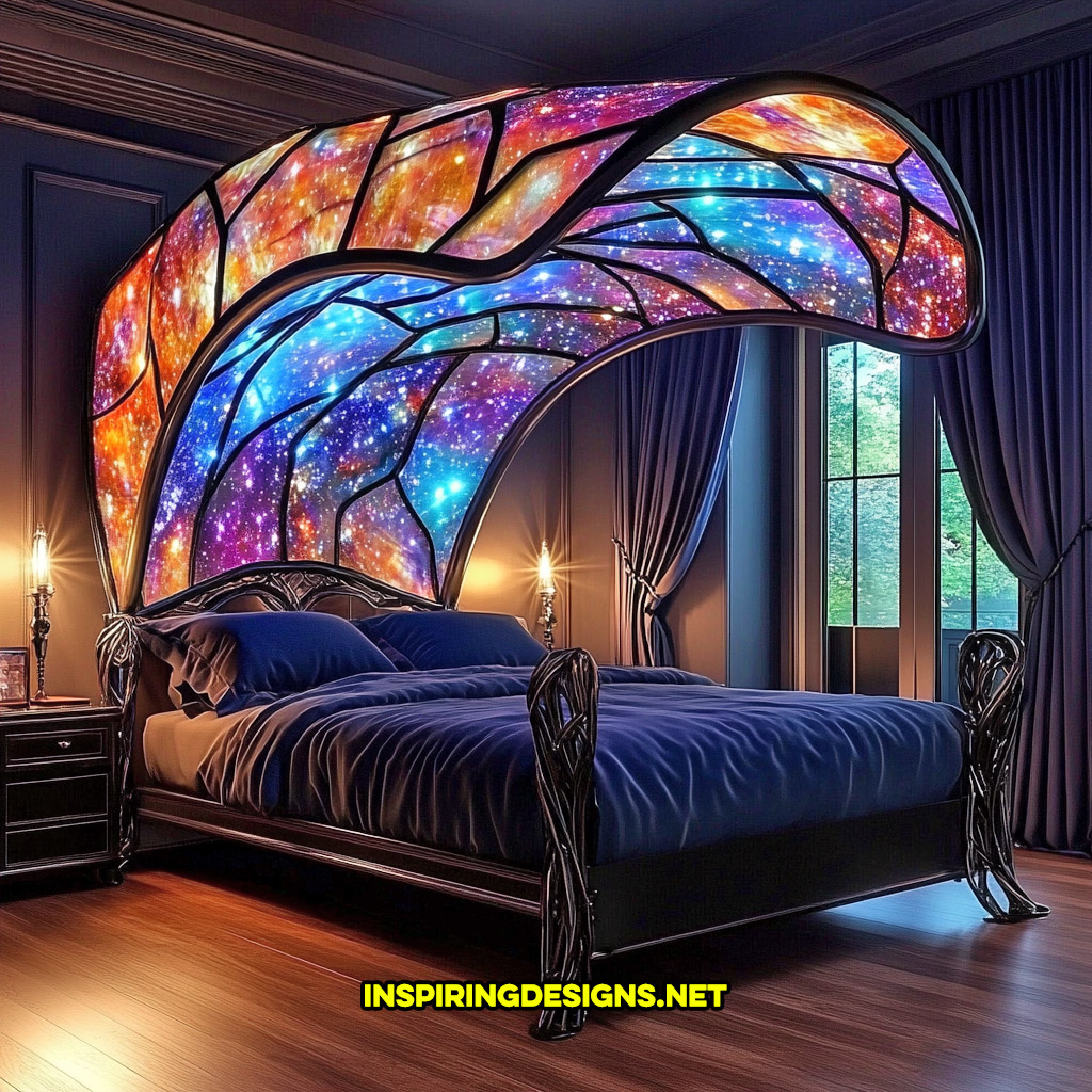 canopy style stained glass bed in a colorful mosaic celestial design