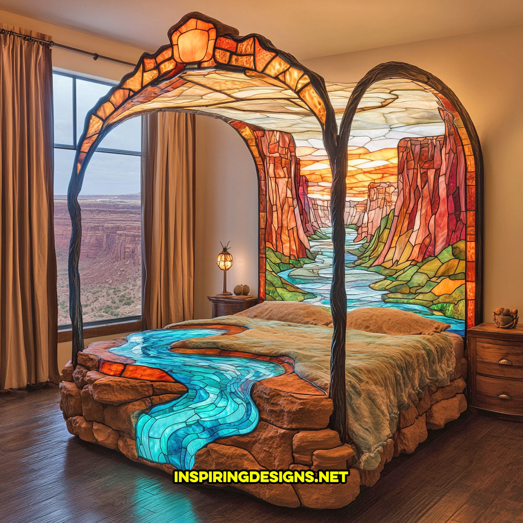 canopy style stained glass bed in a canyon river design