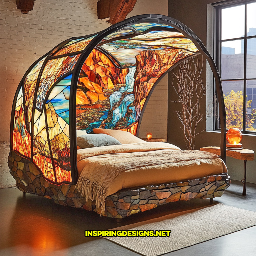 canopy style stained glass bed in a canyon river design