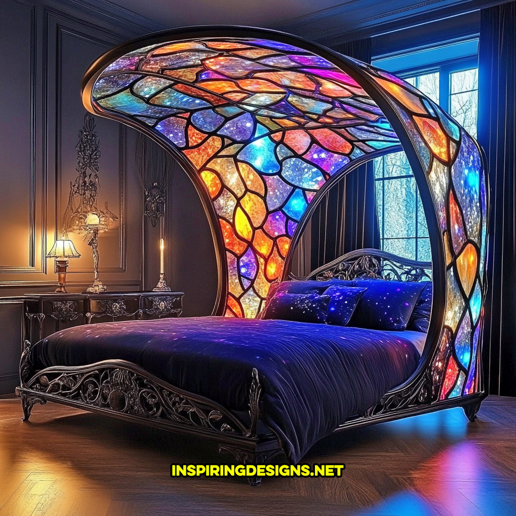  canopy style stained glass bed in an abstract mosaic design