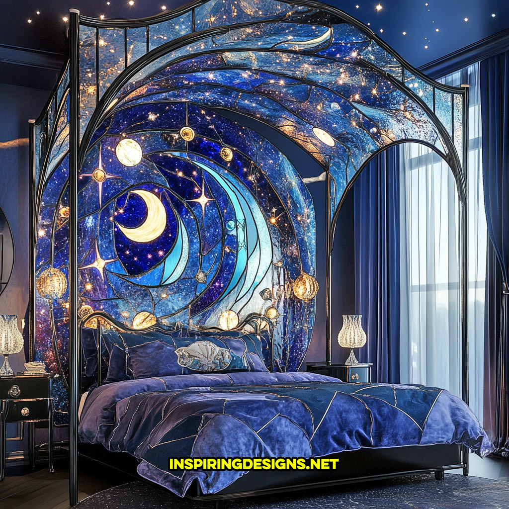 canopy style stained glass bed in a space and celestial design