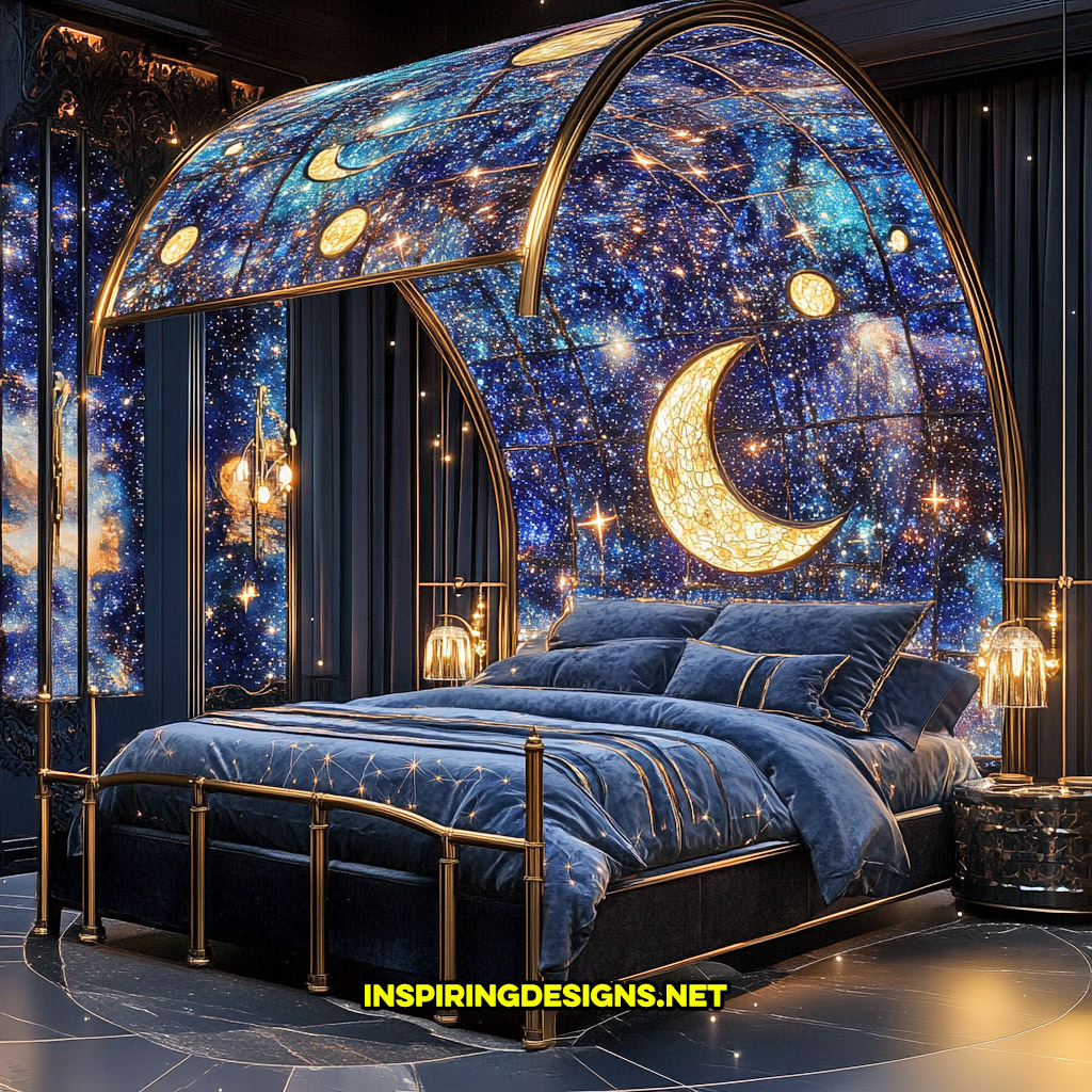 canopy style stained glass bed in a space and celestial design