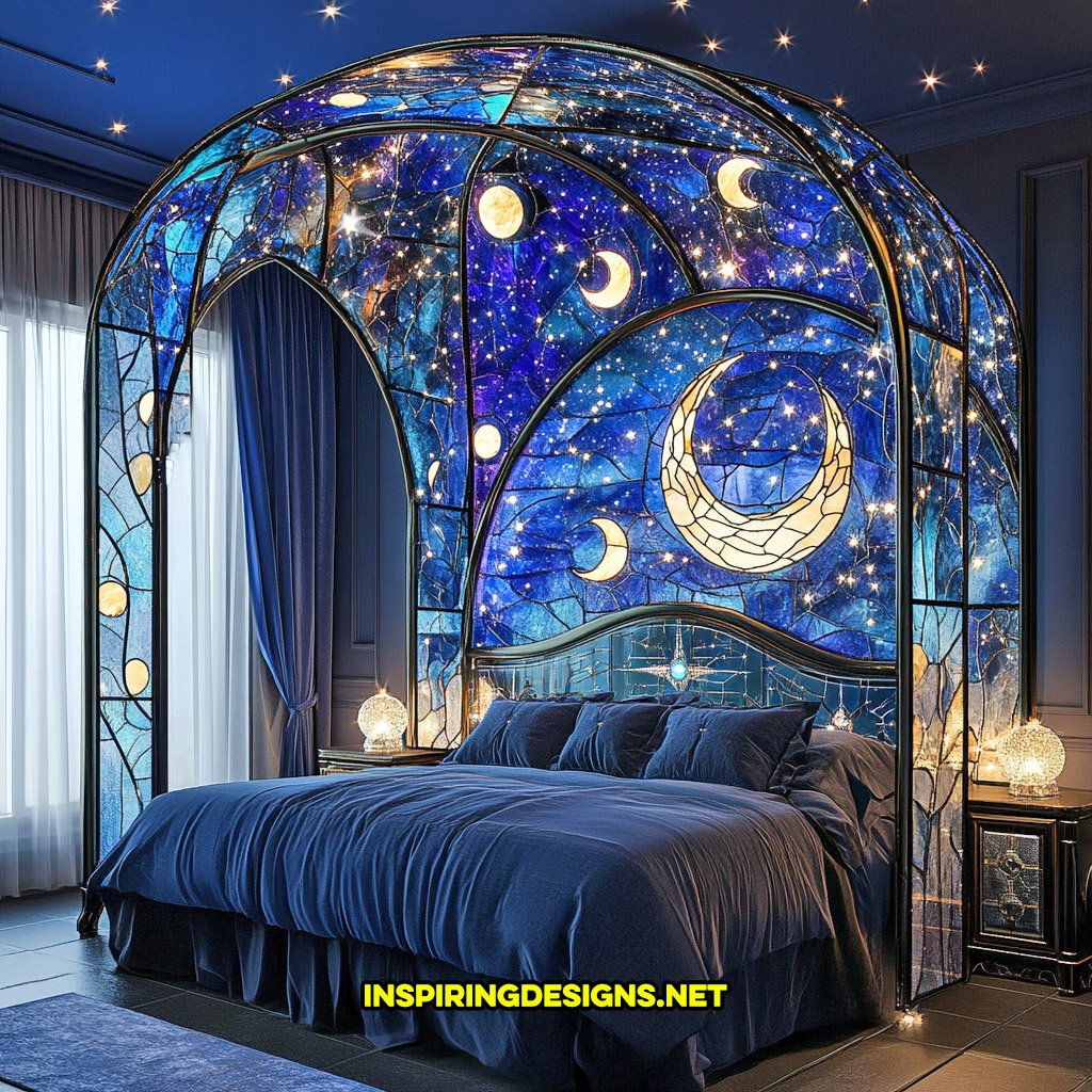 canopy style stained glass bed in a space and celestial design