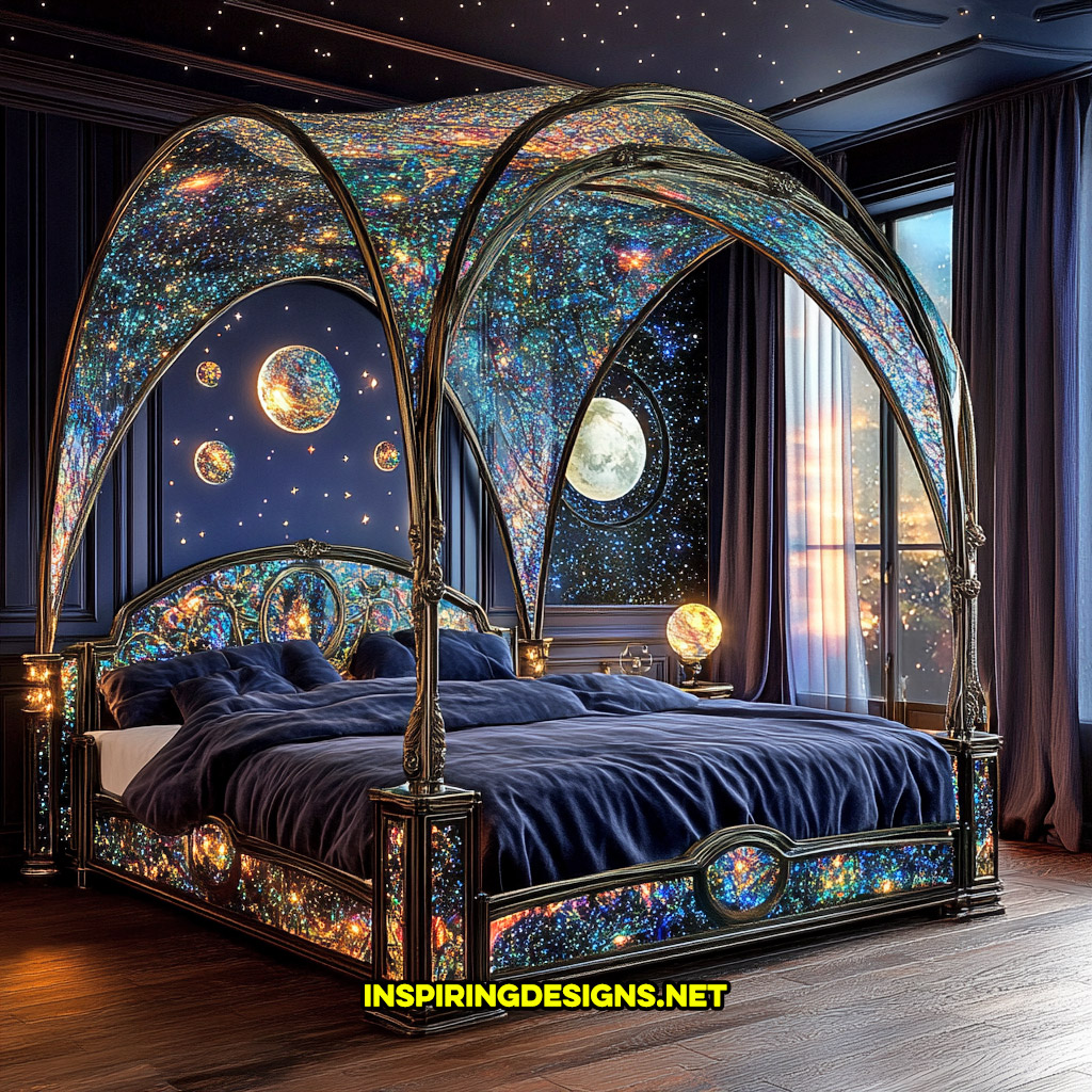 canopy style stained glass bed in a space and celestial design