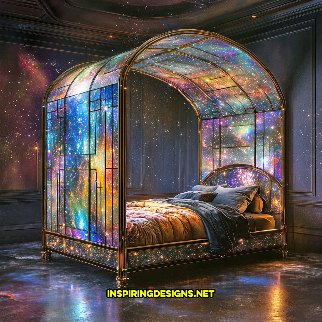 canopy style stained glass bed in a space and celestial design