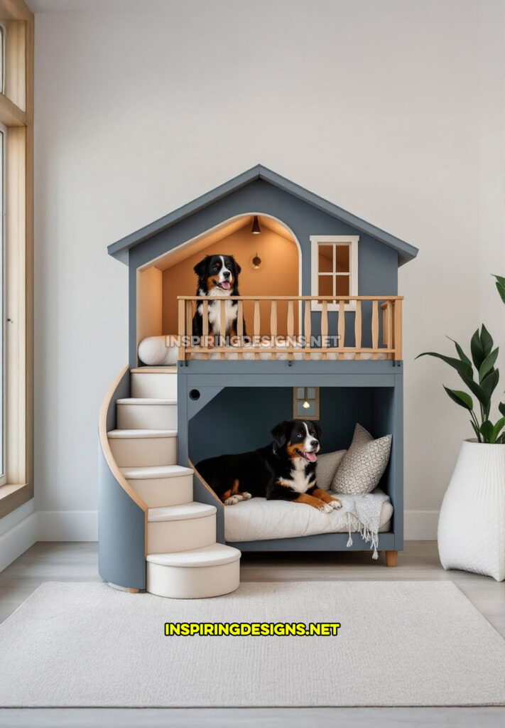 two level dog house in a light gray and cream color