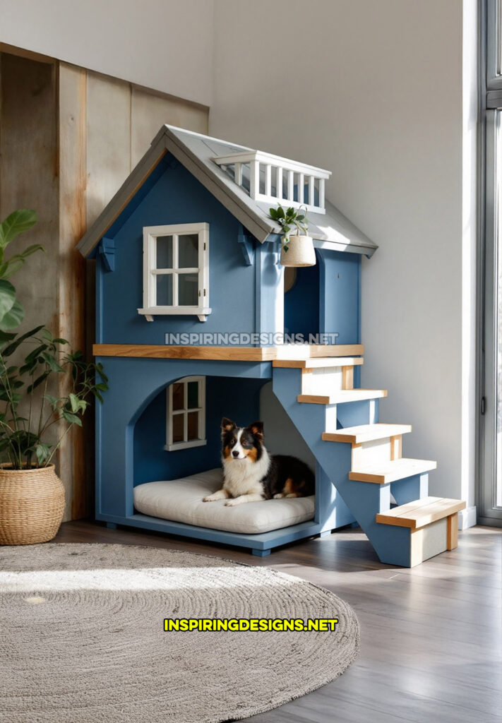 two level dog house in a navy blue and brown color