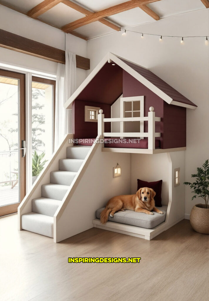 two level dog house in a magenta and cream color