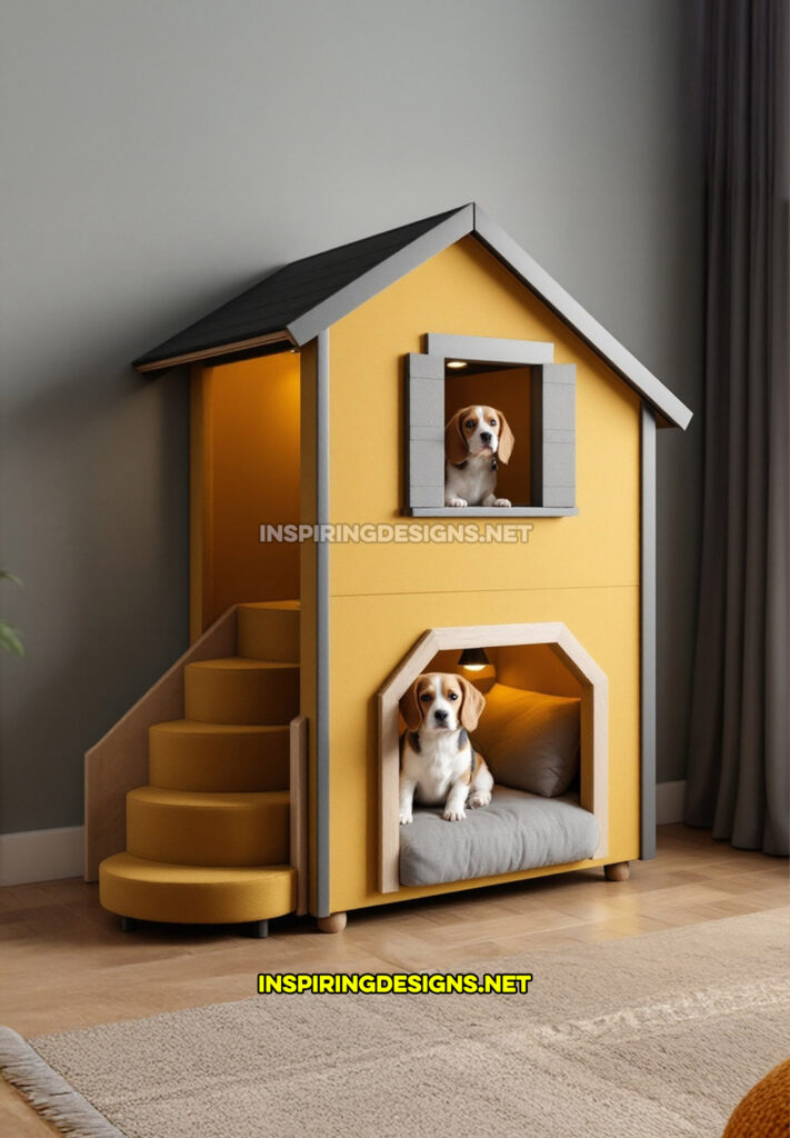 two level dog house in a yellow and black color 