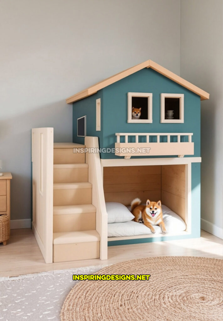 two level dog house in a turquoise and light brown color