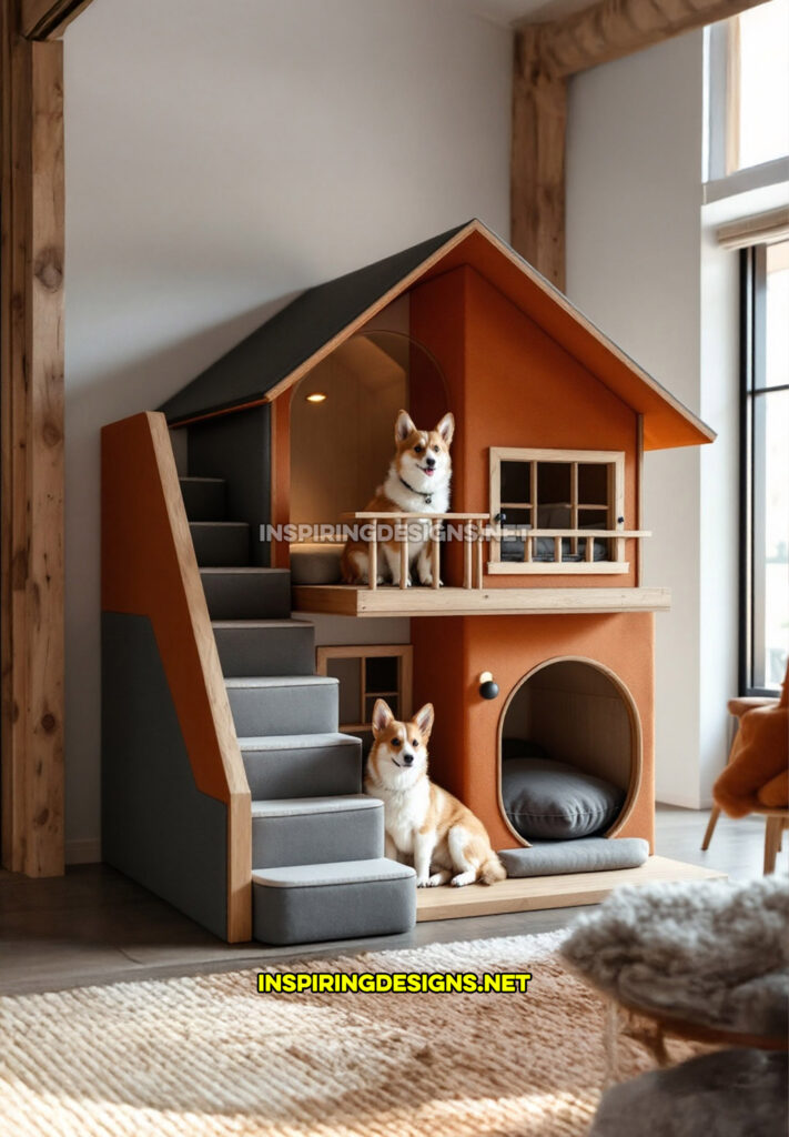 two level dog house in a dark orange and grey color