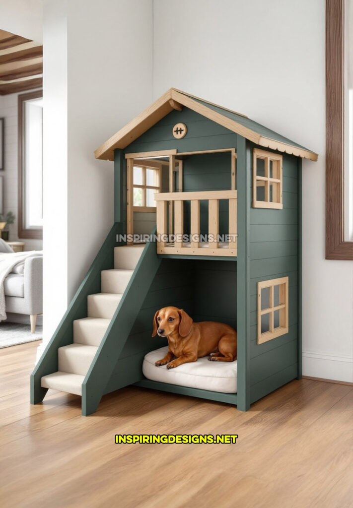 two level dog house in a green and cream color