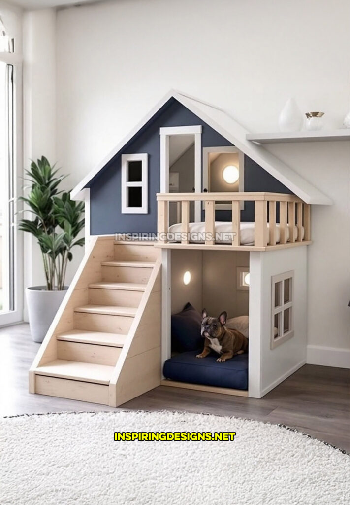 two level dog house in a dark blue and white color