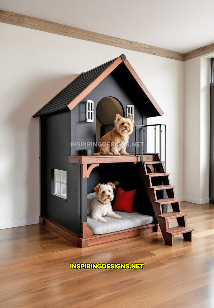 two level dog house in a black and brown color