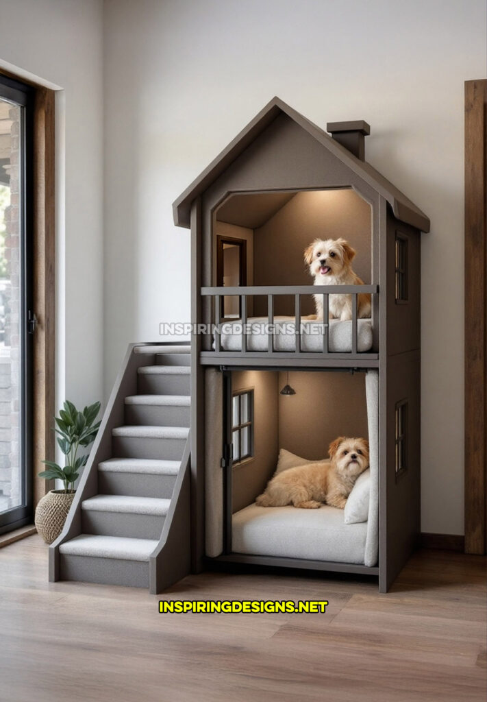 two level dog house in a dark grey and brown color