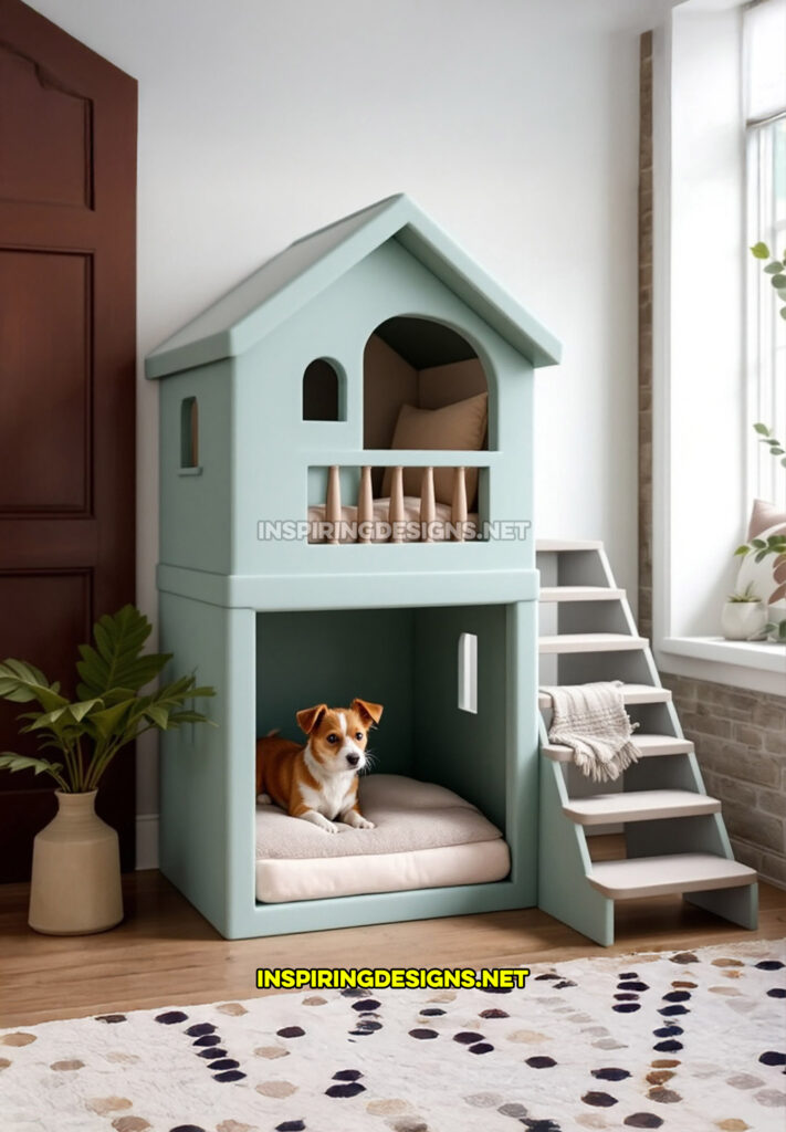 two level dog house in a light green and brown color