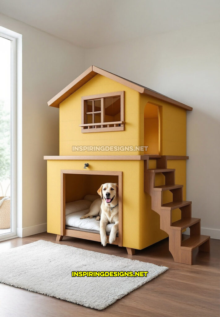 two level dog house in a yellow and brown color