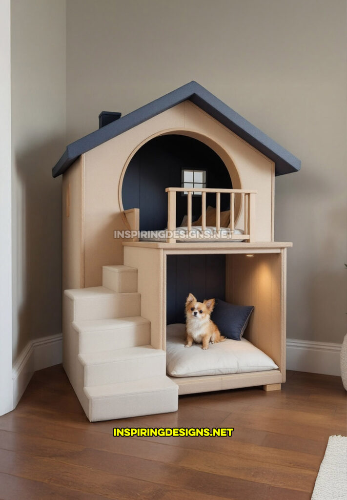 two level dog house in a cream and blue color