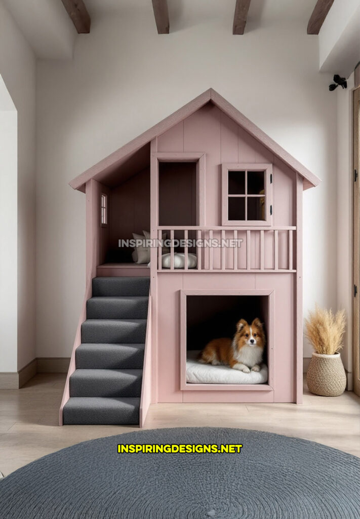 two level dog house in a light pink color