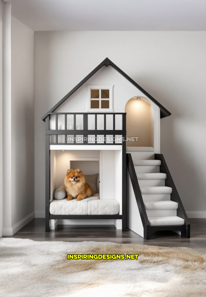 two level dog house in a white and black color