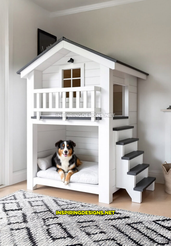 two level dog house in a white and black color