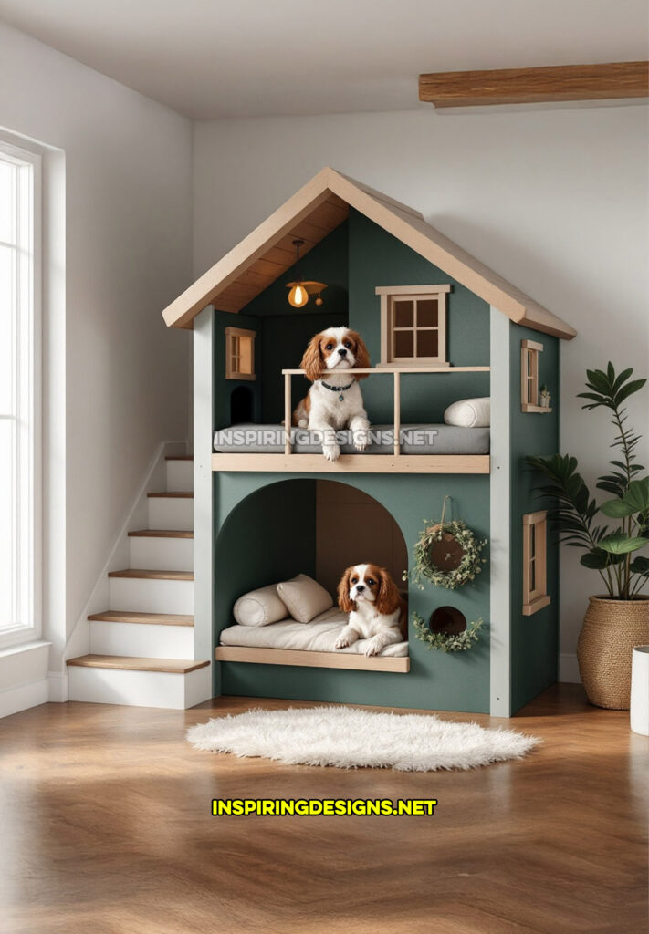 two level dog house in a green and brown color