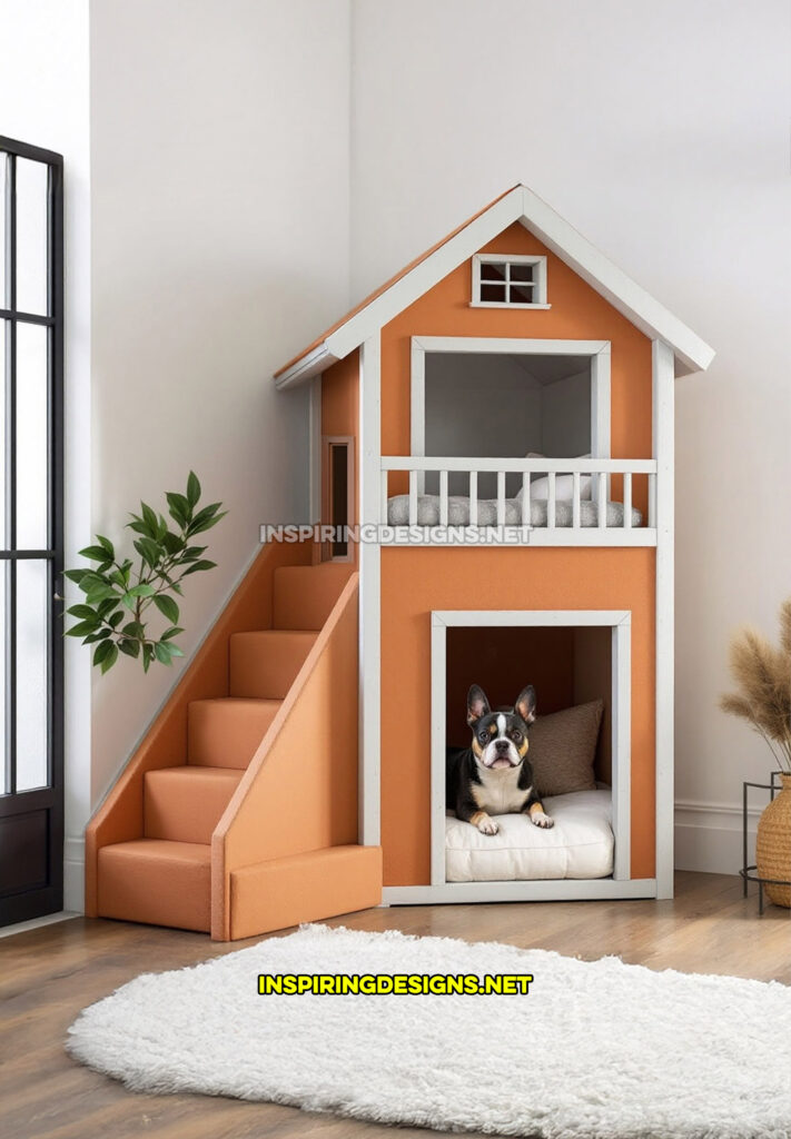 two level dog house in a light orange and white color