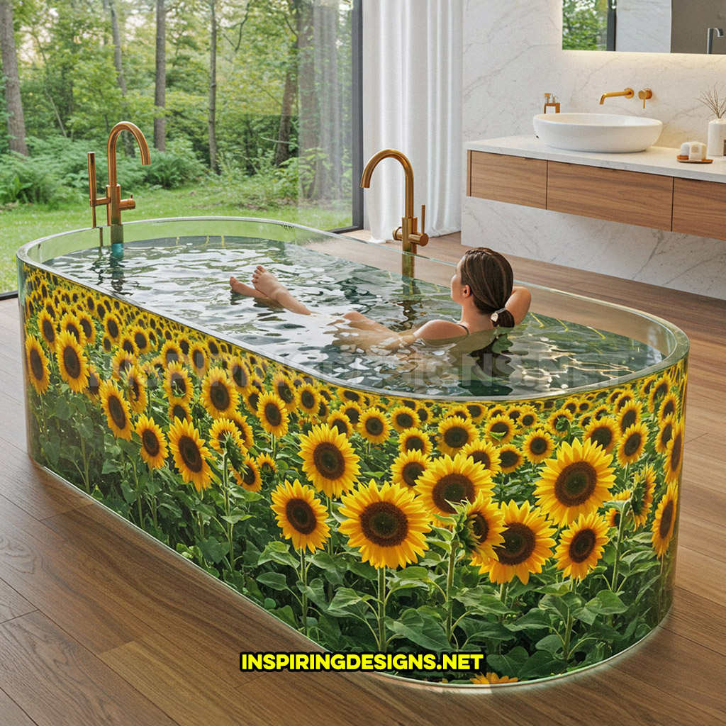 active scene bathtub with a sunflower field design