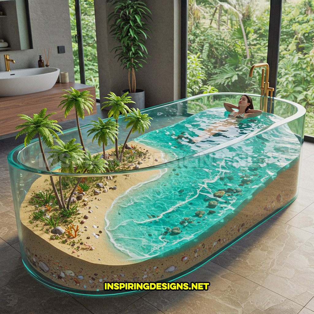 active scene bathtub with a tropical beach design