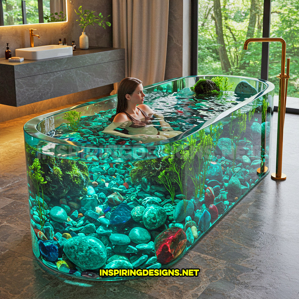 active scene bathtub with a river bed and pebbles design