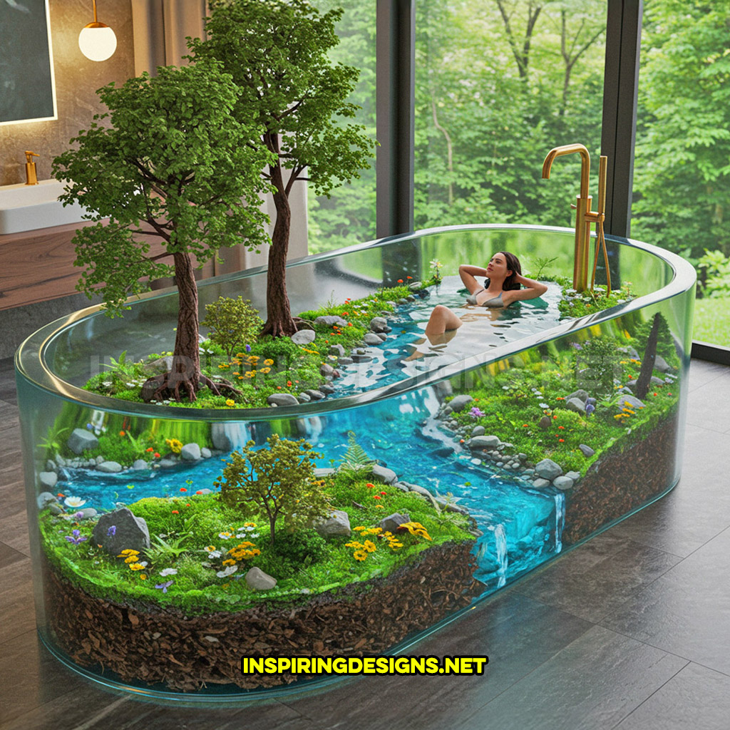 active scene bathtub with a forest river design