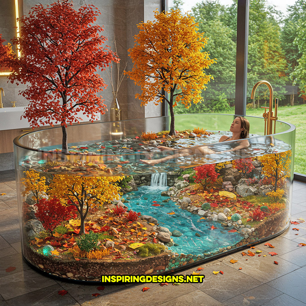 active scene bathtub with an autumn forest design