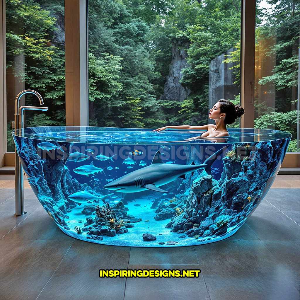 active scene bathtub with a shark aquarium design