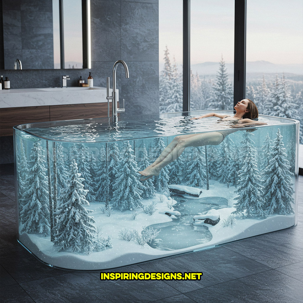 active scene bathtub with a snowy forest design