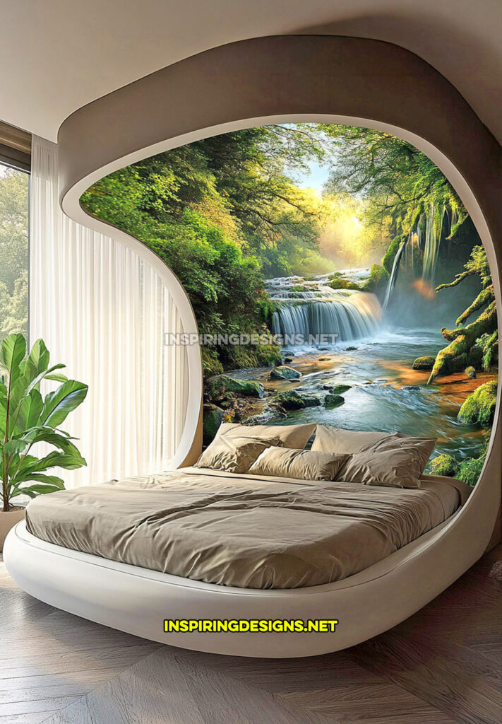 active scene bed with a forest river and waterfall scene