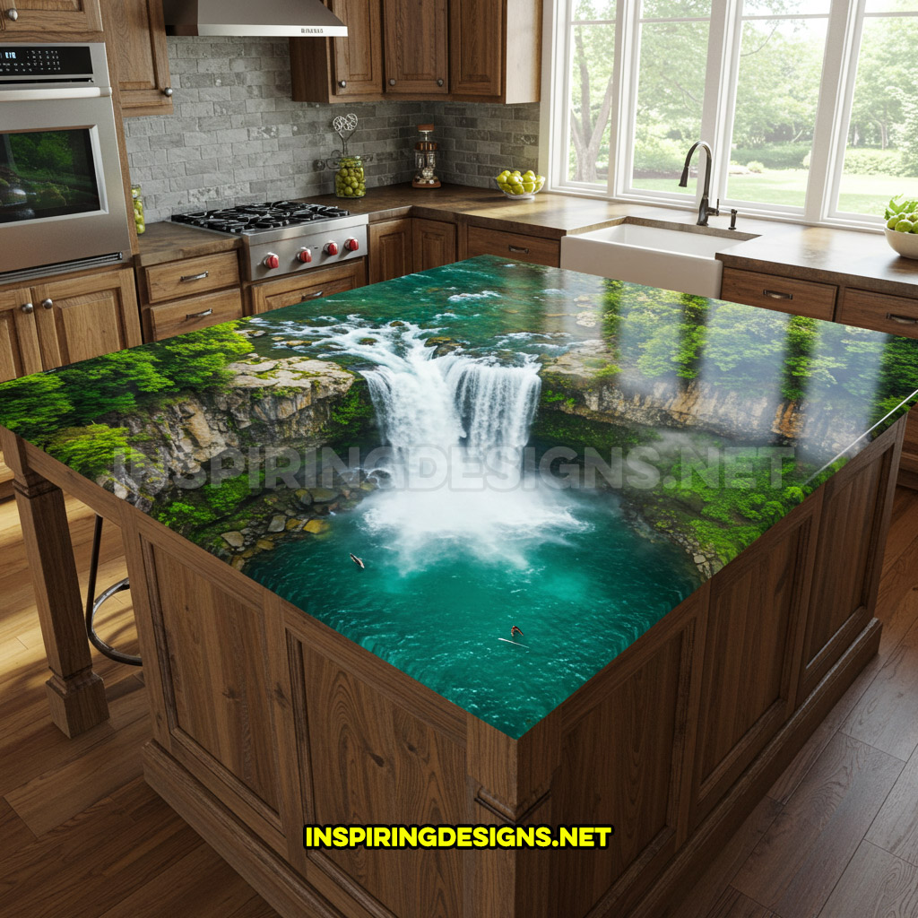 active scene countertop in a waterfall design