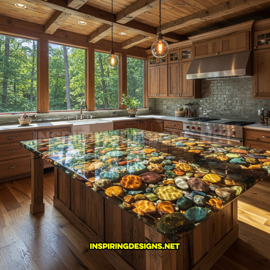 active scene countertop in a pebble river bed design