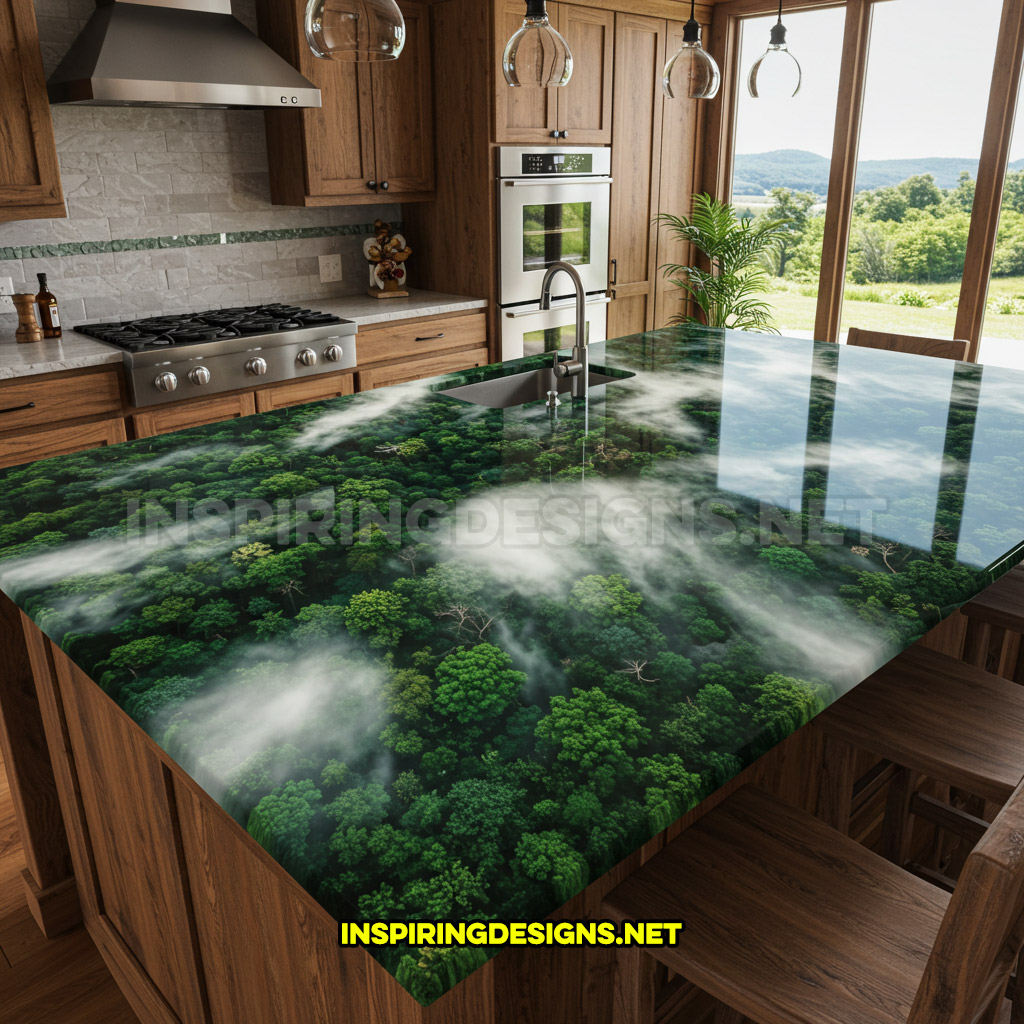 active scene countertop in a foggy jungle design