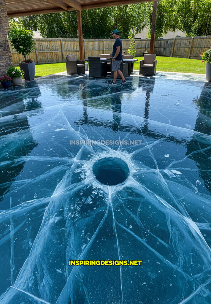 active scene patio in a frozen lake ice fishing design