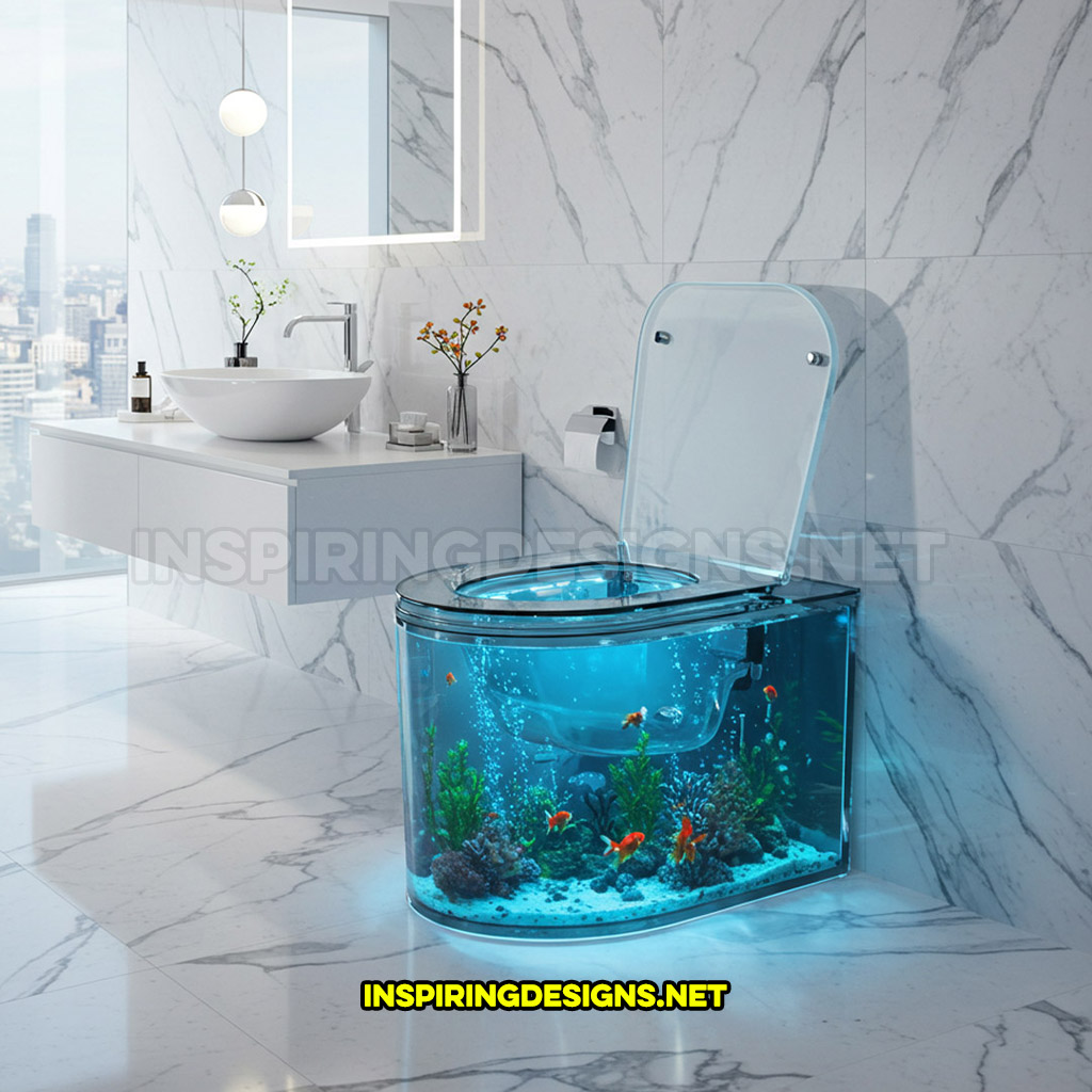 tankless aquarium toilet in an all glass design with visible plumbing in a modern home