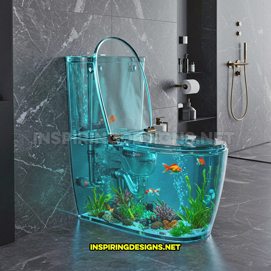 aquarium toilet in an all glass design with visible plumbing in a modern home